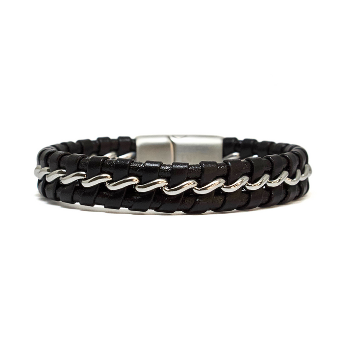Luenzo Black Genuine Leather & Stainless Steel Bracelet
