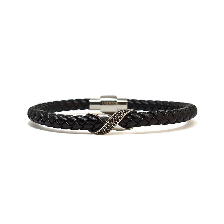 Luenzo Black Genuine Leather & Black Crystal Bracelet